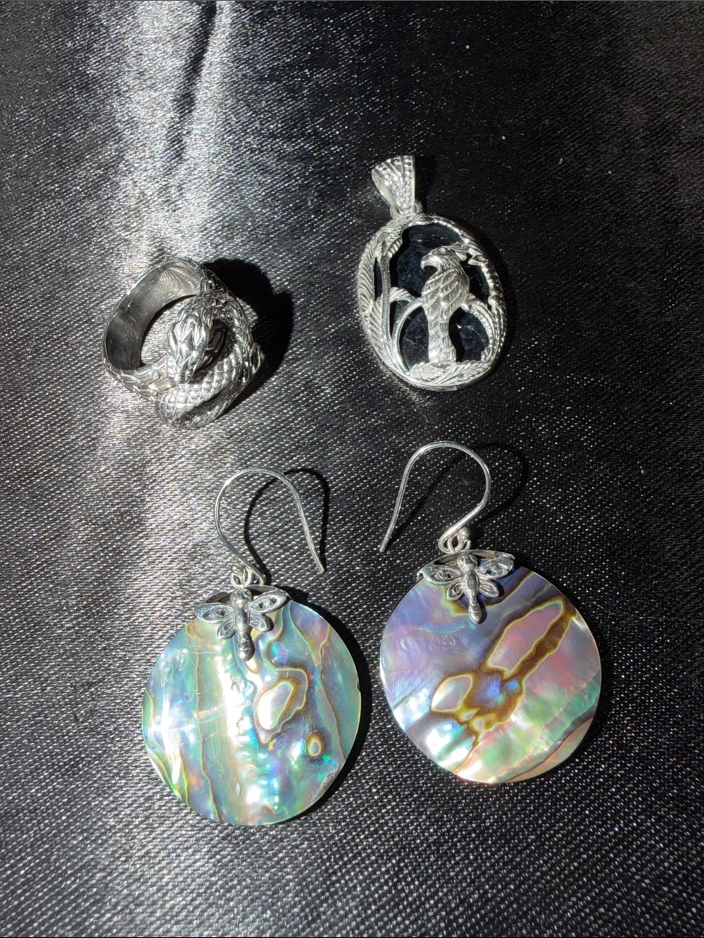 Abalone Shell Disc Drop Earrings with Silver Accents - Iridescent